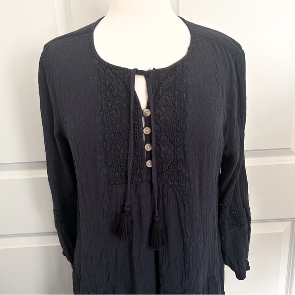 Lucky Brand Tiered Tunic Dress Black Tassel Tie V-Neck Size Large - Picture 9 of 15